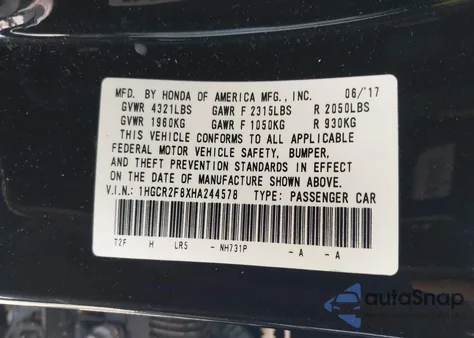 2017 Honda Accord Ex-L from USA, damaged, VIN 1HGCR2F8XHA244578